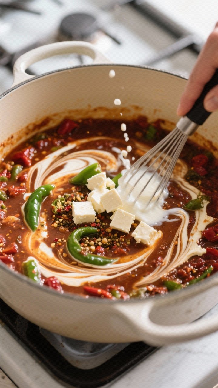 Cooking process: The dairy-melding step in action—whisking softened cream cheese cubes into the si
