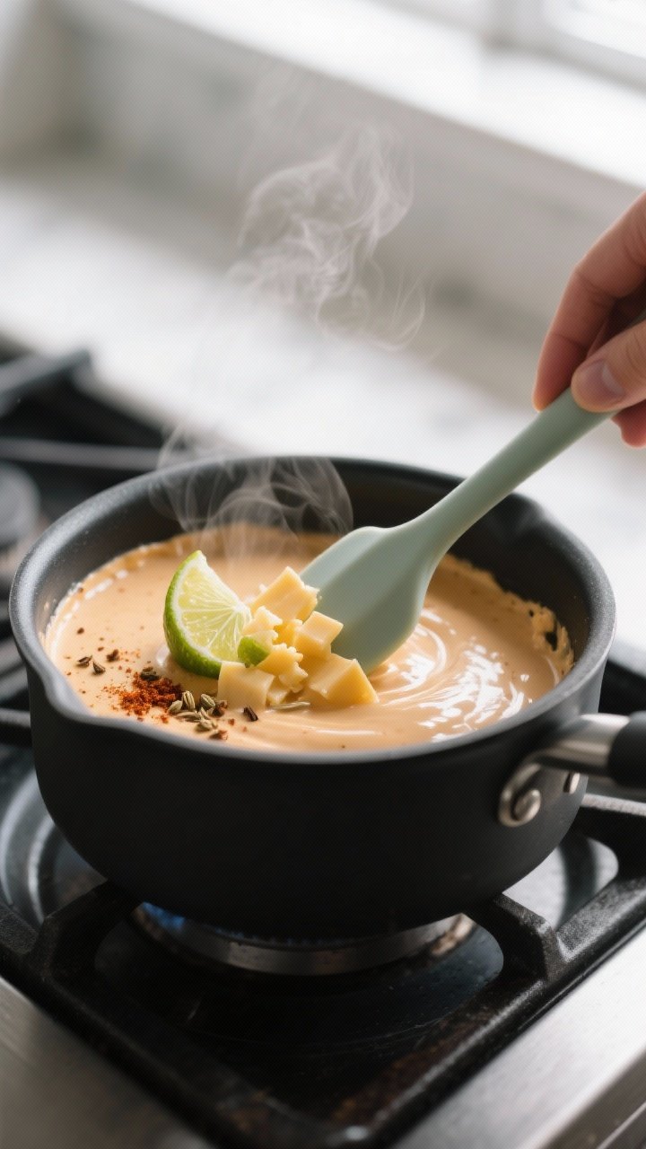 Cooking process: The dip being melted low and slow in a matte-black nonstick saucepan on a stovetop,