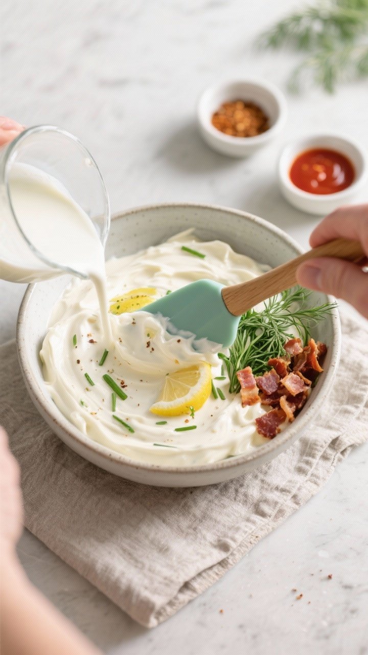 Cooking process: The dip being mixed to adjust consistency—sour cream and mayo base already blende