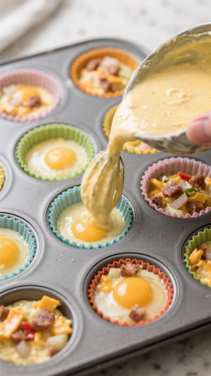 Cooking process: The egg mixture being portioned into a 12-cup muffin tin—cups filled 3/4 full wit