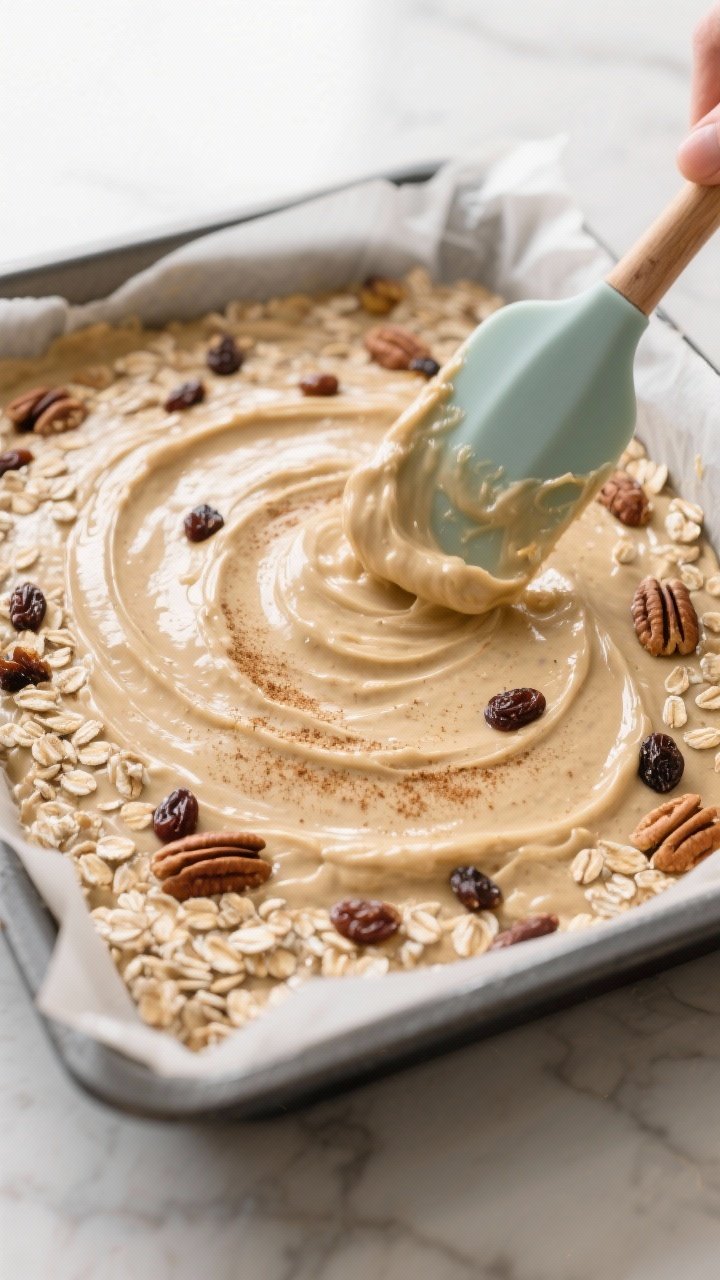 Cooking process: The hydrated batter being spread evenly in the parchment-lined pan after the 5-minu