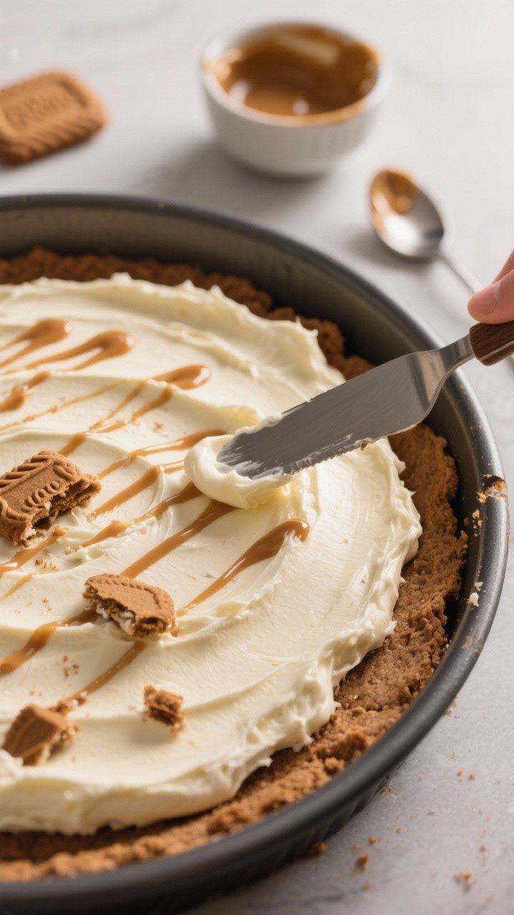 Cooking process: The layering step in action—prepared Biscoff cookie base snugly fitted in the pan