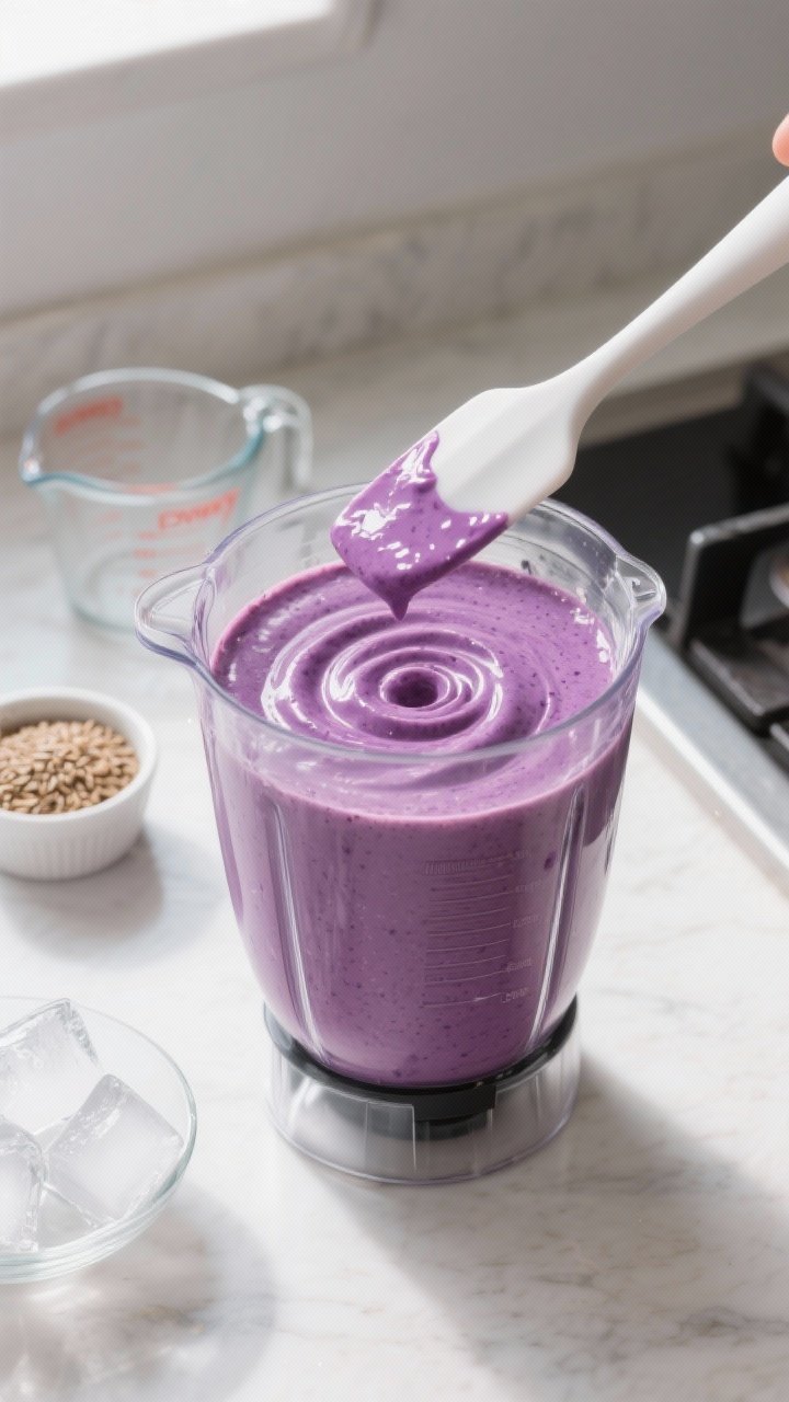 Cooking process: The smoothie in the blender jar right after blending, showing a perfectly smooth, t