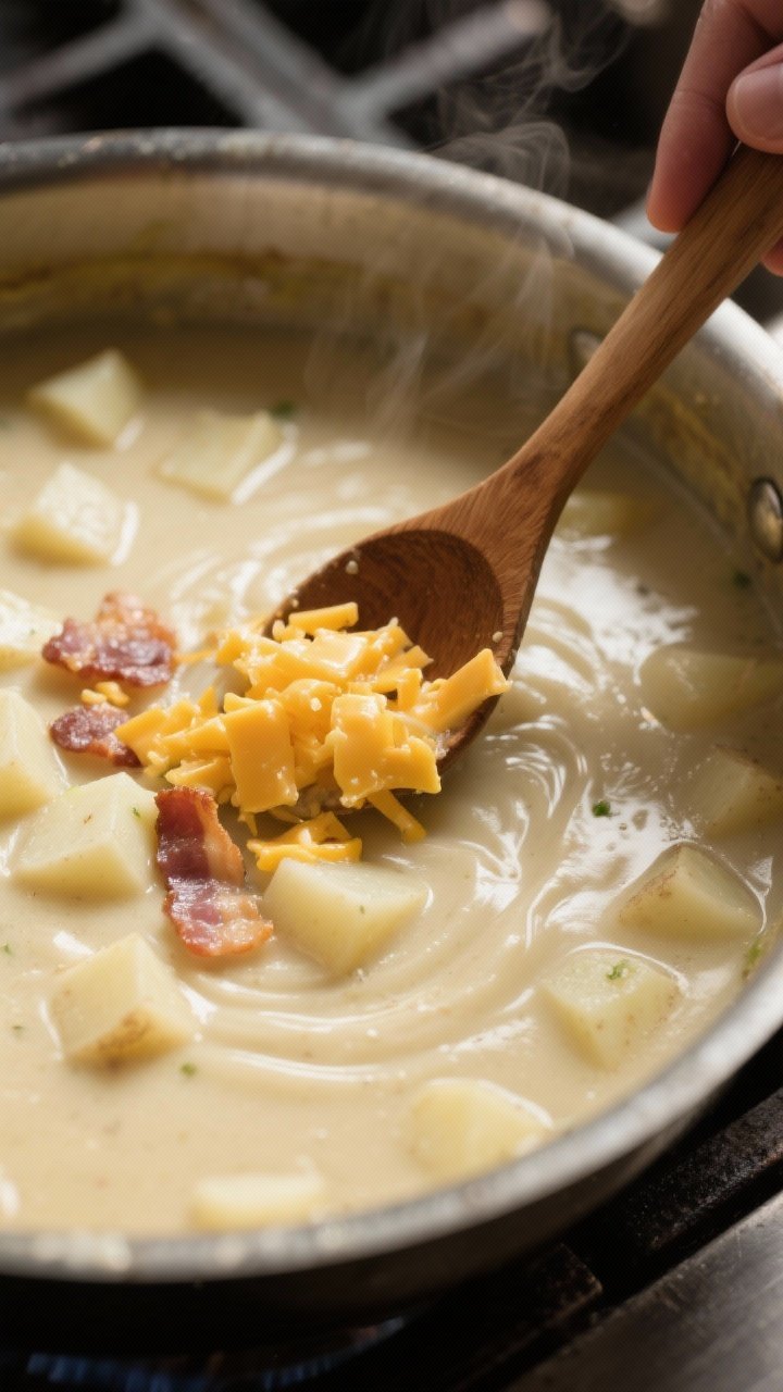 Cooking process: The soup mid-cook in a heavy pot after partial blending—silky base with intact po