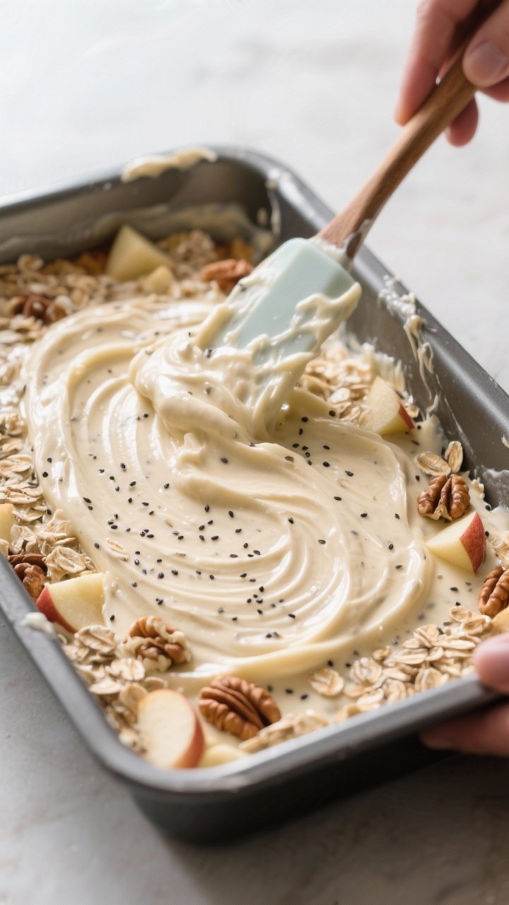 Cooking process: The thickened batter being smoothed evenly into a greased baking dish after resting