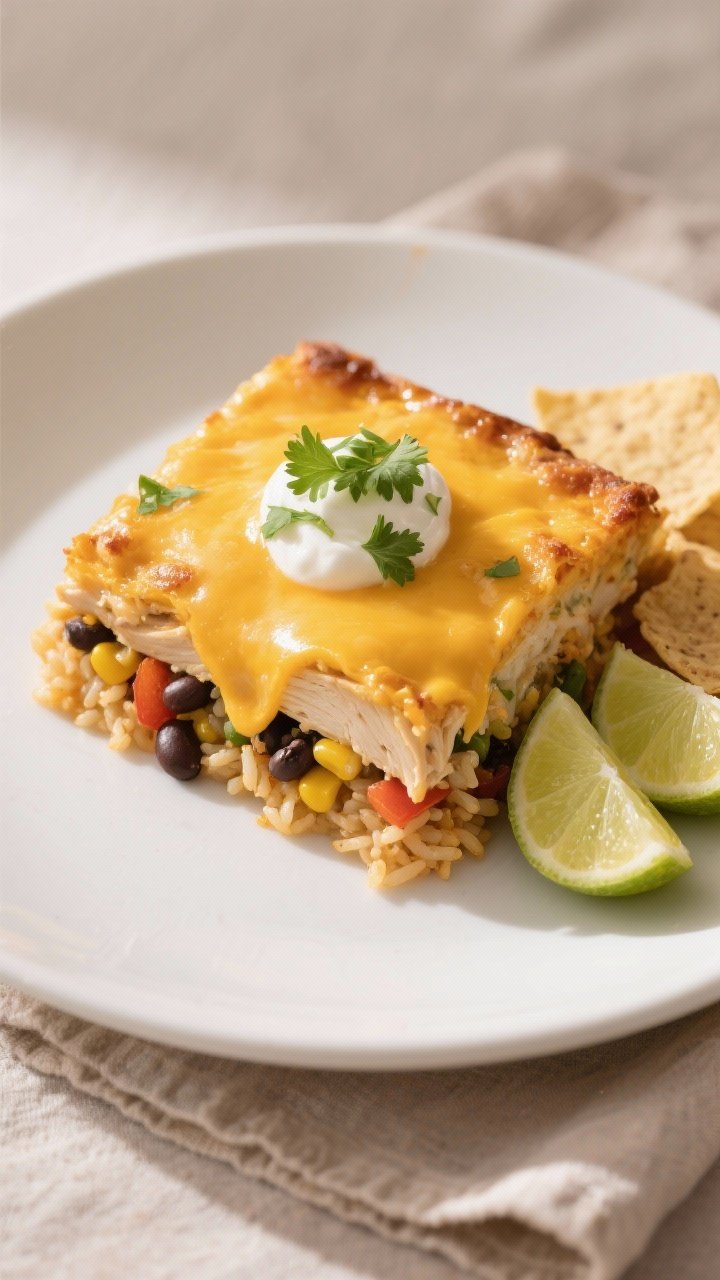 Final dish, beautifully plated: A generous square of the creamy Southwest chicken rice bake plated o