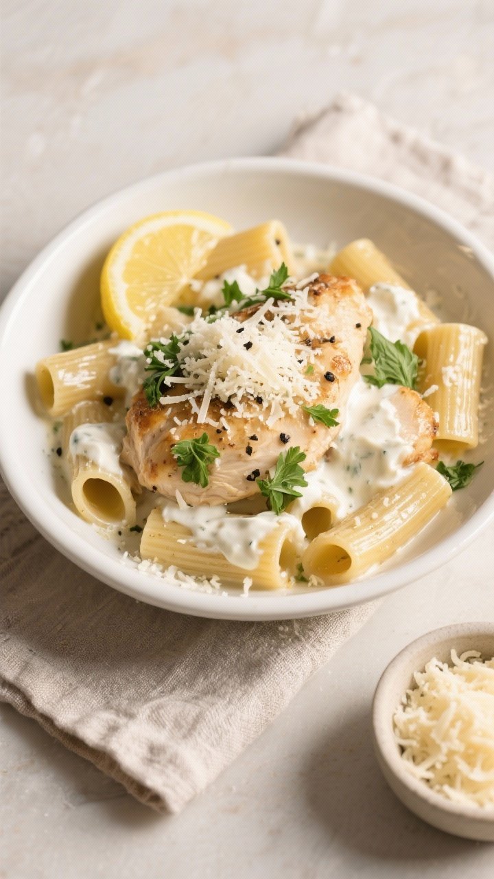 Final dish: Beautifully plated One-Pan High-Protein Garlic Chicken Rigatoni in a wide white bowl, to