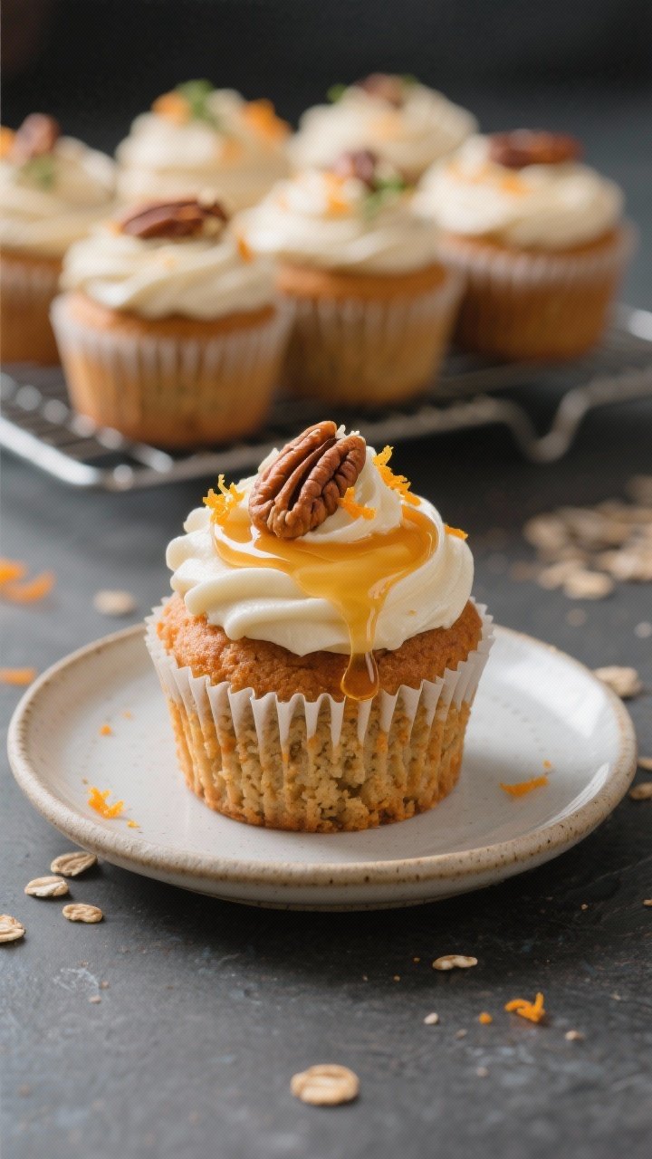 Final dish beauty: Hero shot of a single cupcake on a small ceramic plate, generous glossy frosting 