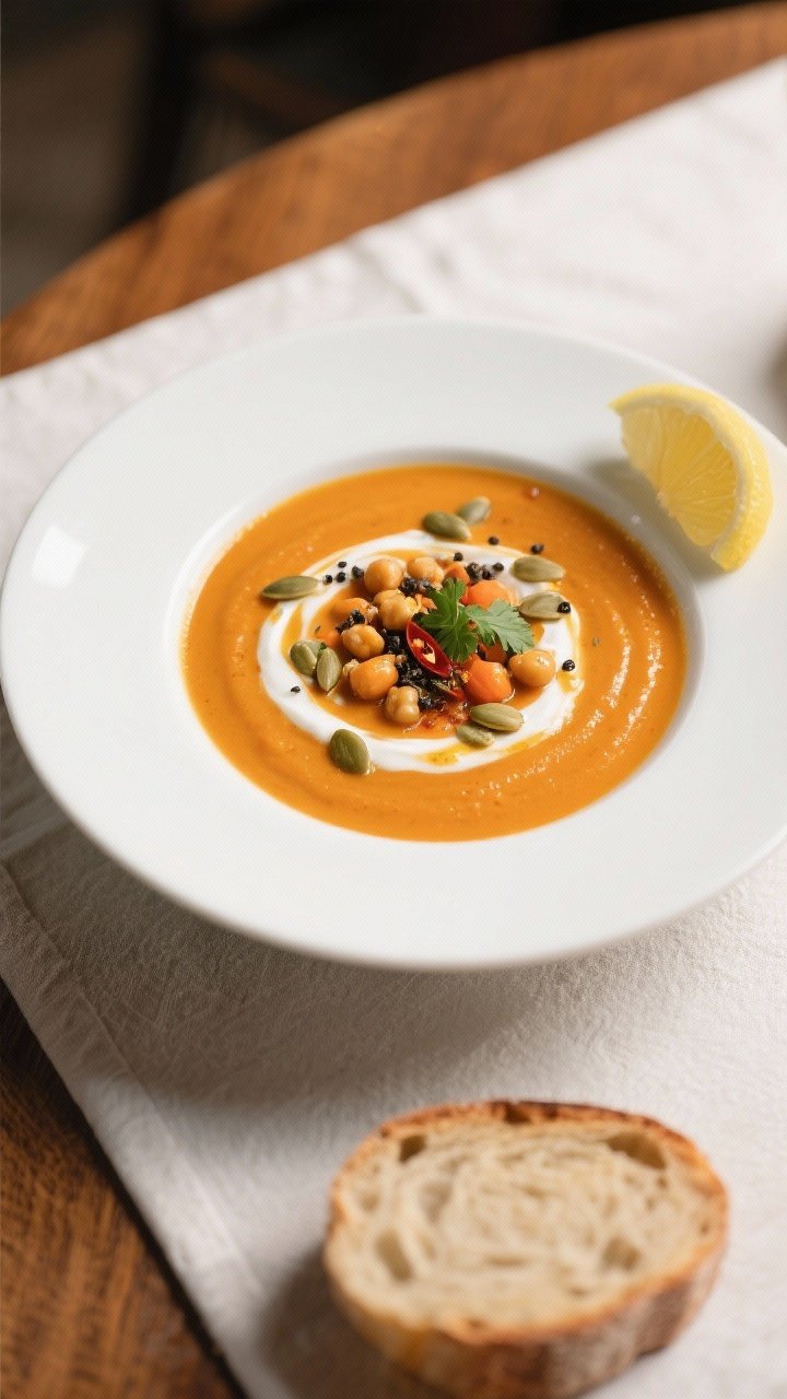 Final dish beauty shot: Creamy carrot & chickpea soup served in a wide, white ceramic bowl, ultra-sm