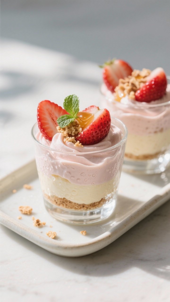 Final dish beauty shot: High-Protein Strawberry Cheesecake Mousse elegantly piped into clear dessert