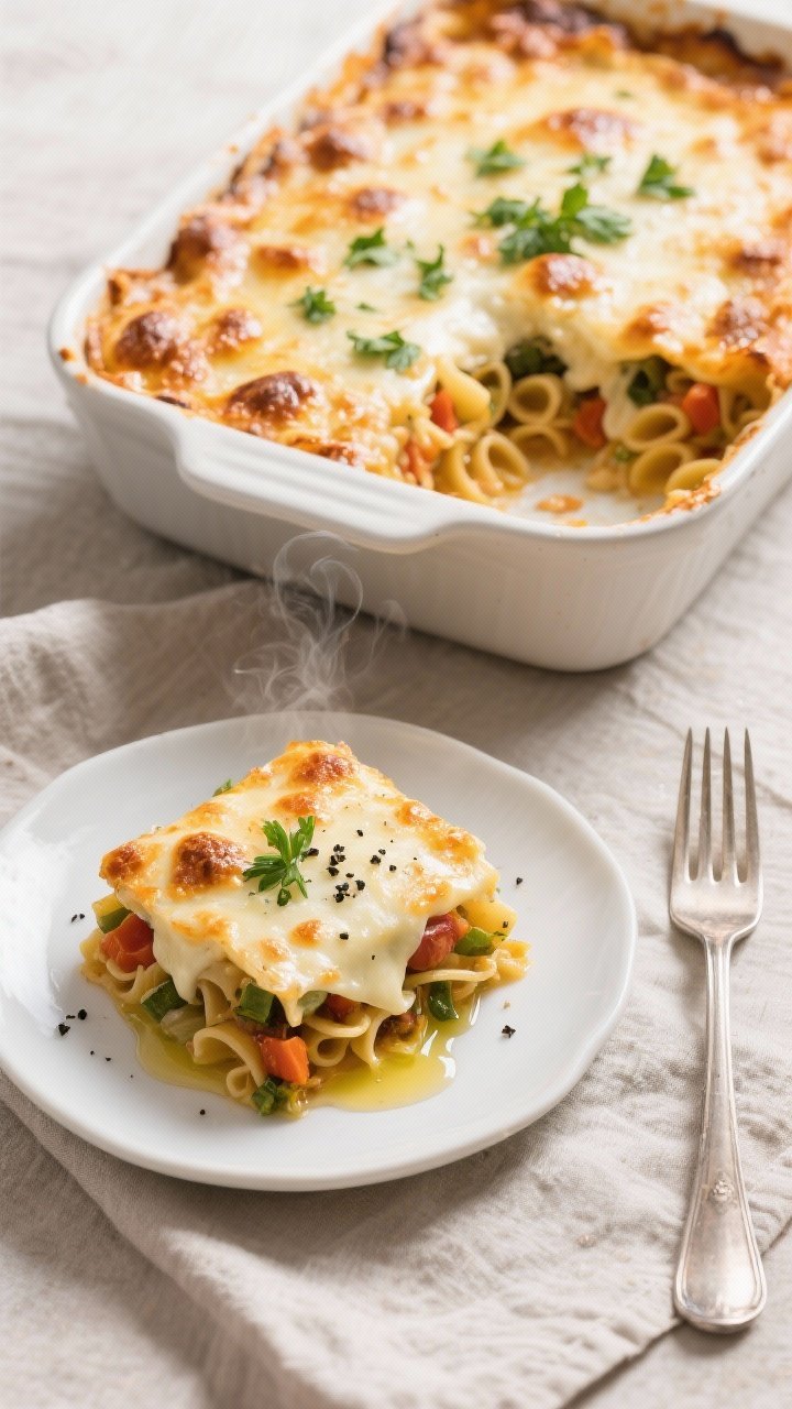 Final dish — overhead plated and in-pan: Overhead hero shot of the finished pasta bake fresh from