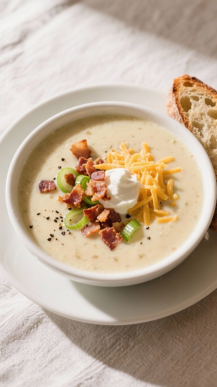 Final dish, overhead plated shot: of a generously filled white ceramic bowl of creamy stove-top pota