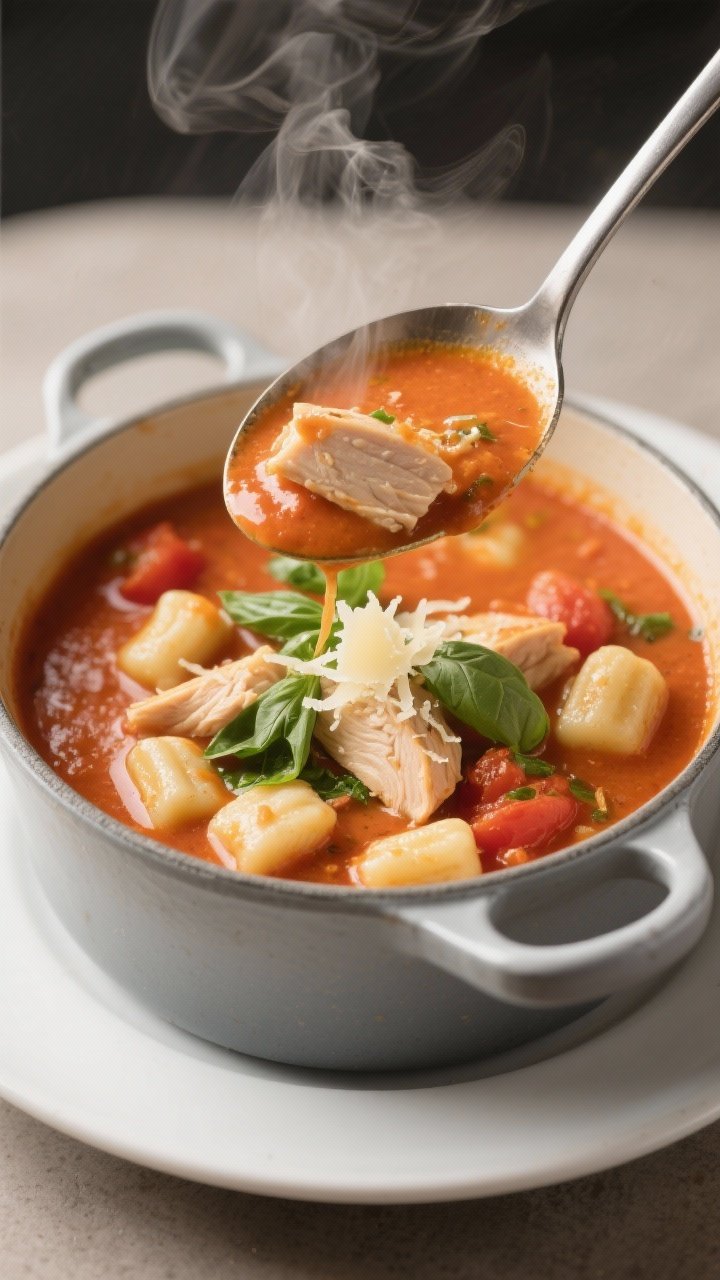 Final dish, plated beauty: Three-quarter angle close-up of a ladle lifting the finished soup from th