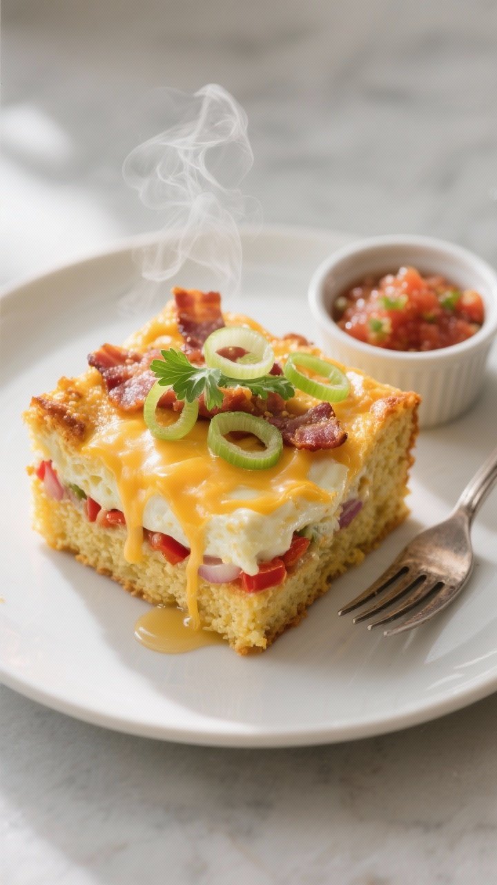 Final dish presentation: A plated square of the casserole on a matte white plate, showing layers—t