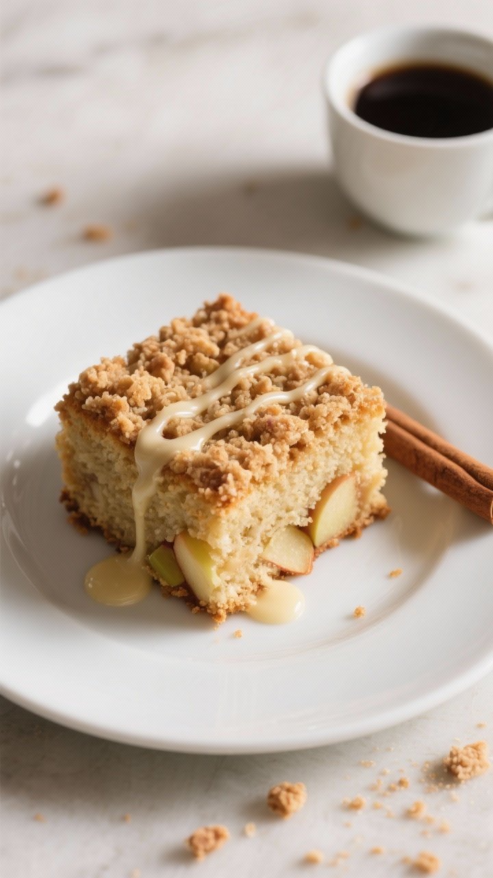 Final dish presentation: A single square slice of apple crumb coffee cake on a matte white dessert p