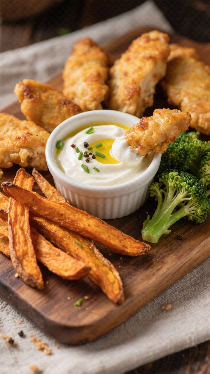 Final dish presentation: A small ramekin of the honey mustard Greek yogurt dip plated on a rustic wo