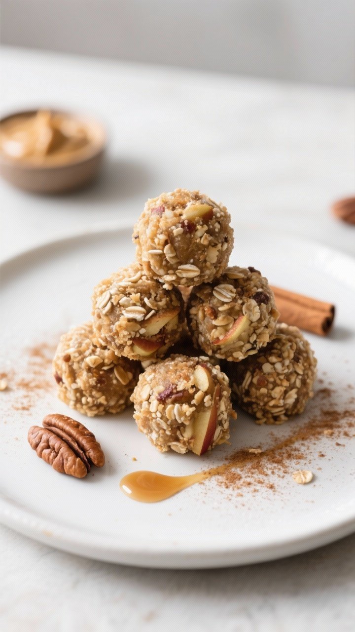 Final dish presentation: Beautifully plated Apple Pie Protein Energy Bites arranged in a neat pyrami