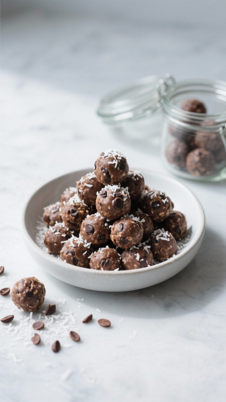 Final dish presentation: Beautifully plated assortment of no-bake chocolate chip protein balls stack