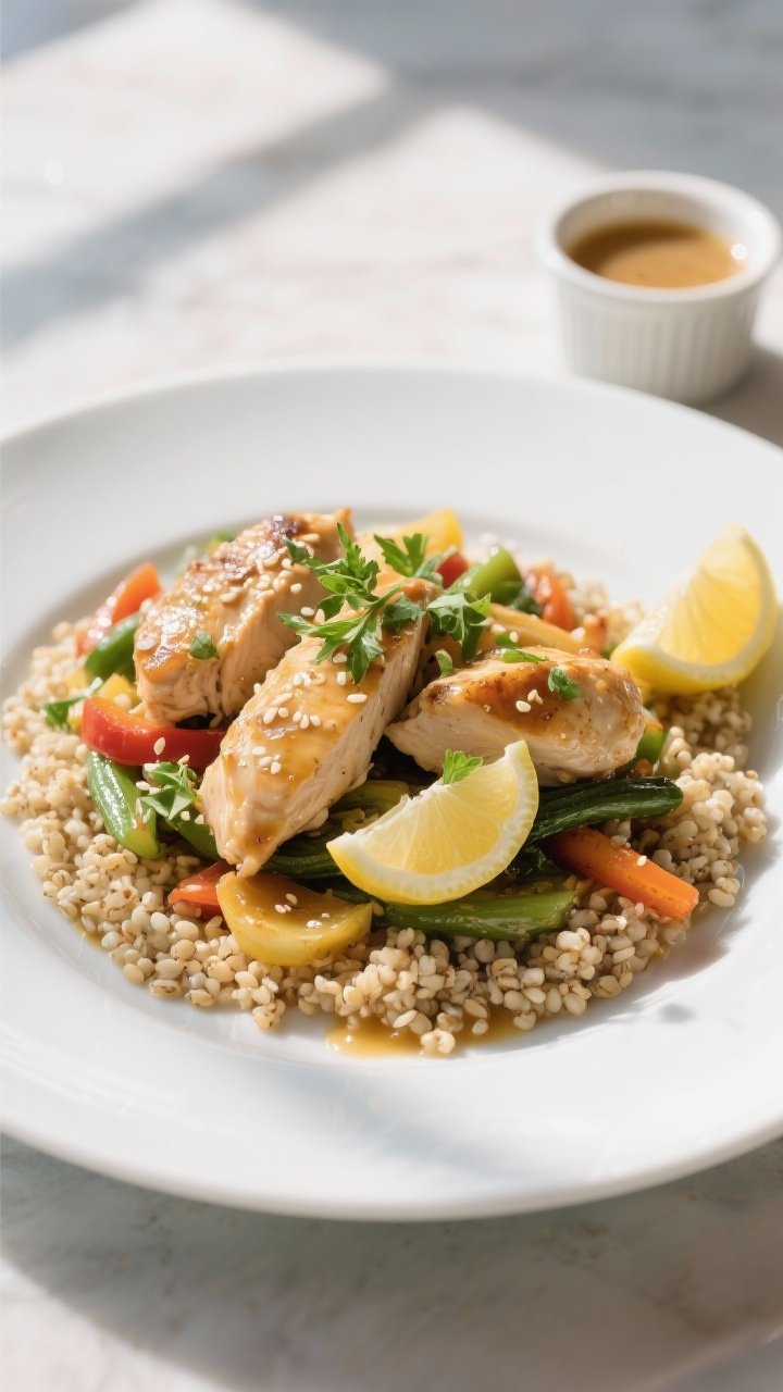 Final dish presentation: Beautifully plated chicken and veggie power skillet over a bed of warm quin