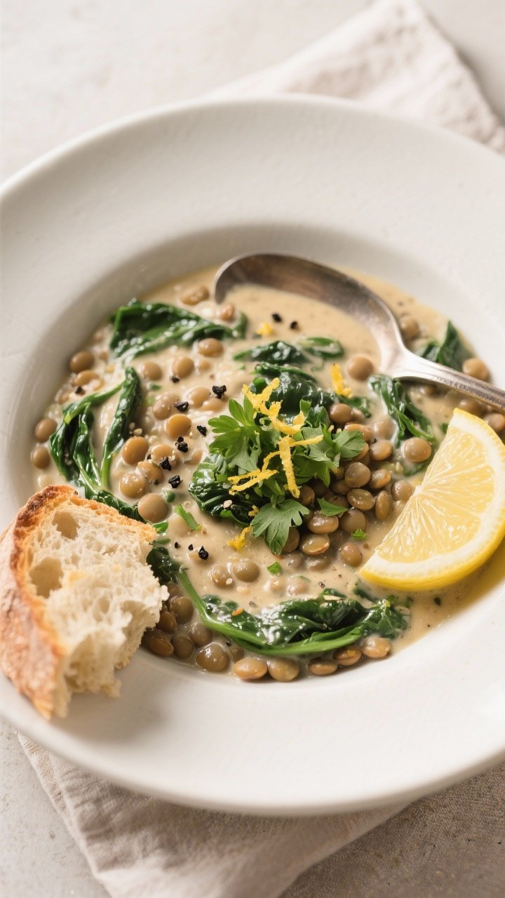 Final dish presentation: Beautifully plated Creamy Lentil & Spinach Skillet spooned into a wide, sha