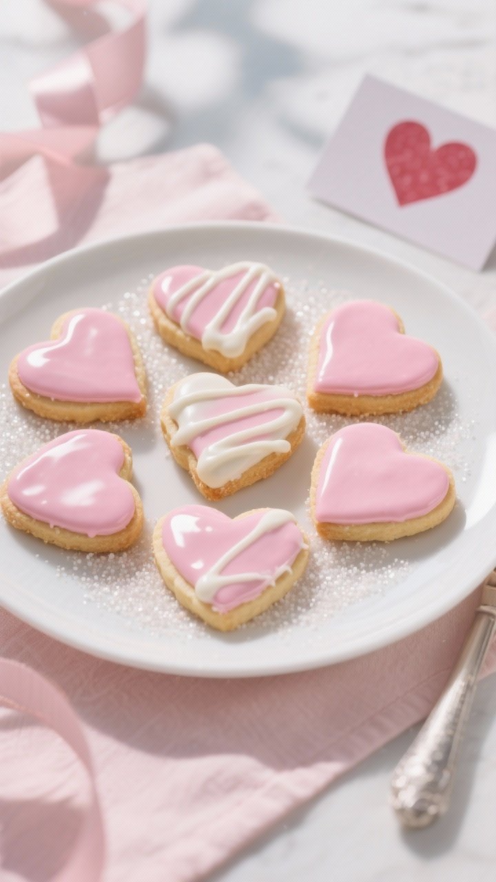 Final dish presentation: Beautifully plated heart-shaped sugar cookies with set, mirror-like pink ic