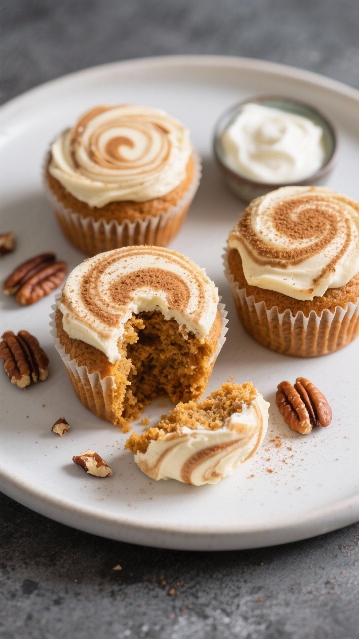 Final dish presentation: Beautifully plated High-Fiber Pumpkin Spice Cupcakes with Light Cream Chees