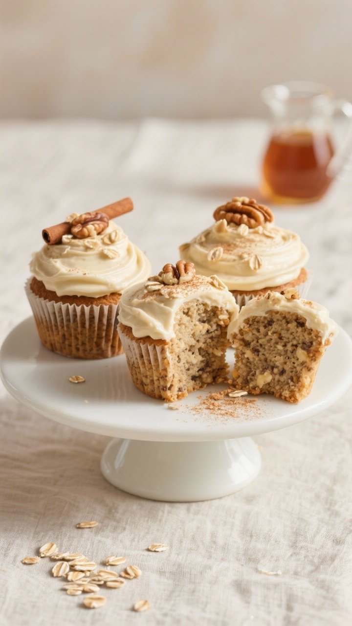 Final dish presentation: Beautifully plated High-Fiber Banana Oat Cupcakes on a matte white cake sta