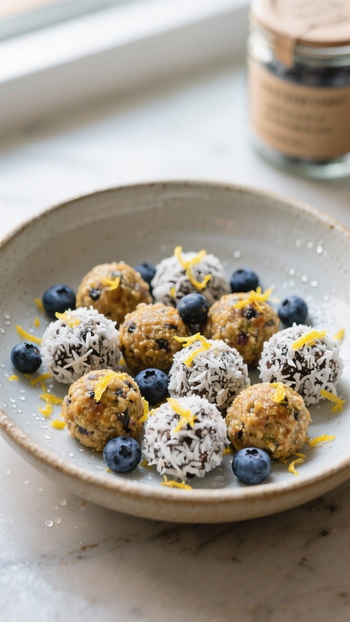 Final dish presentation: Beautifully plated Lemon Blueberry Energy Bites arranged in a low, wide cer