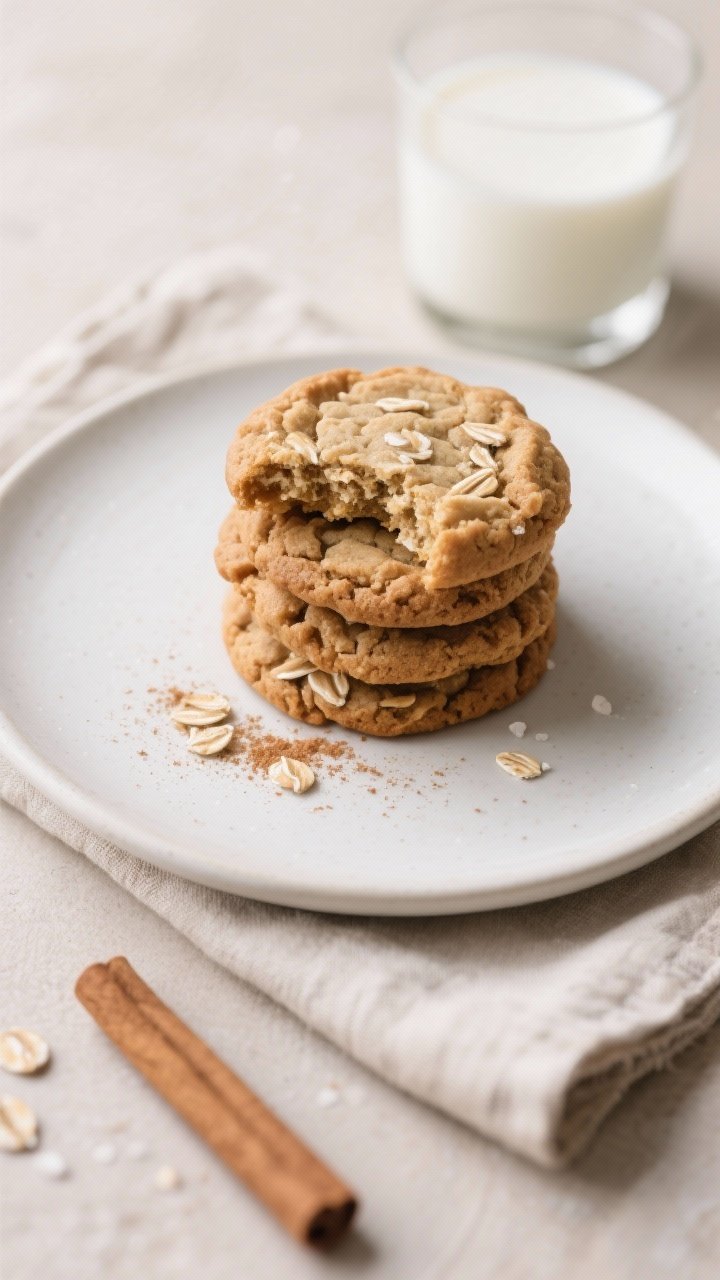 Final dish presentation: Beautifully plated stack of soft-and-chewy oatmeal cookies on a matte white