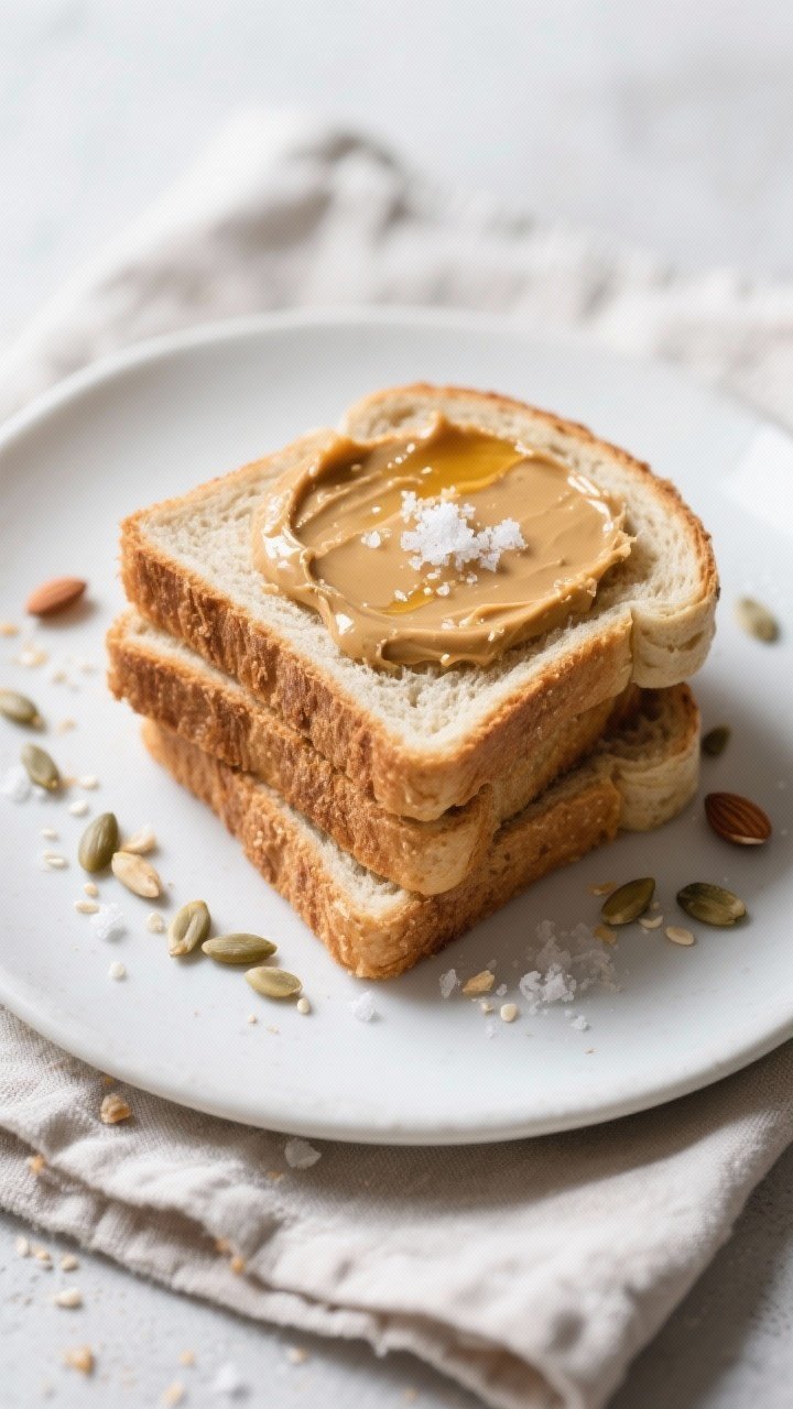 Final dish presentation: Beautifully plated toasted almond flour sandwich bread slices stacked and f