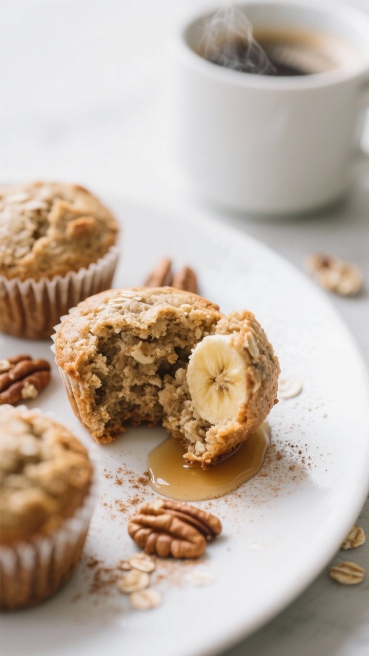 Final dish presentation: Beautifully plated vegan banana oat muffins on a simple white plate, one mu