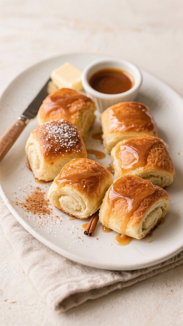 Final dish presentation: Beautifully plated warm sourdough discard maple glazed rolls arranged on a