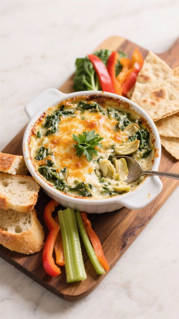 Final dish presentation: Beautifully plated warm spinach artichoke dip served on a wood board in a w