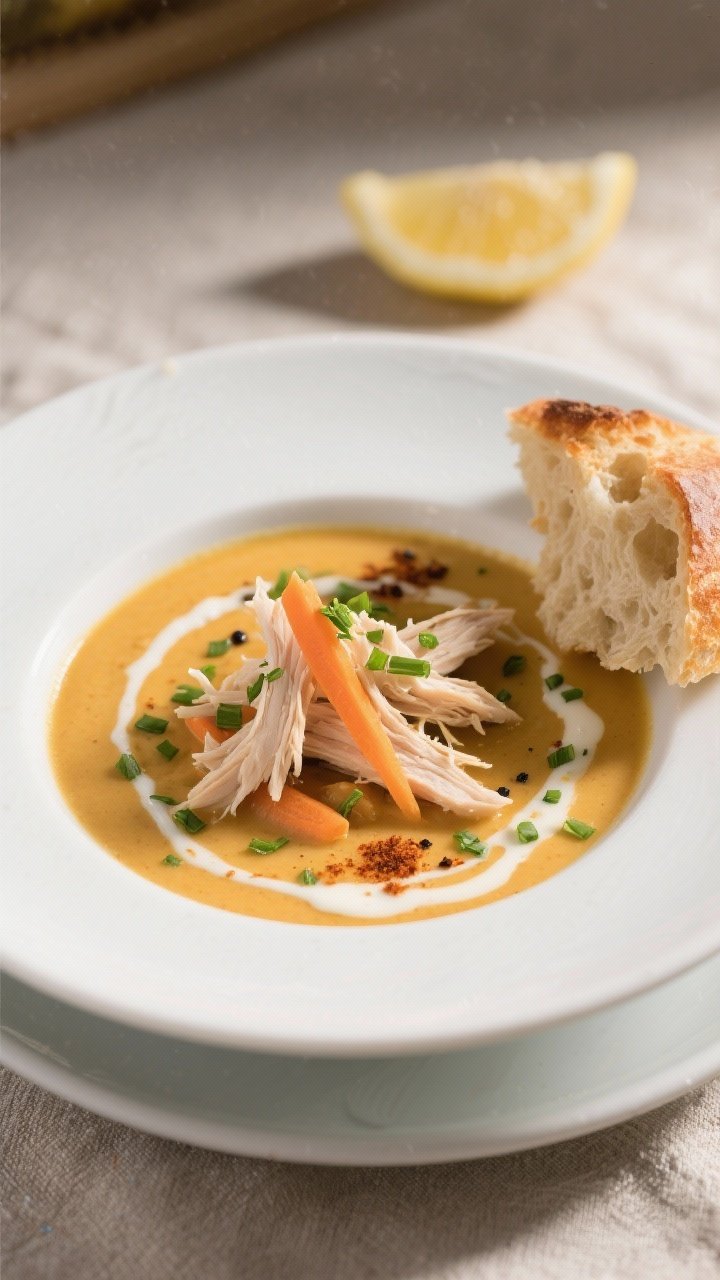 Final dish presentation: Creamy Chicken & Carrot Bisque ladled into a matte white shallow bowl, topp