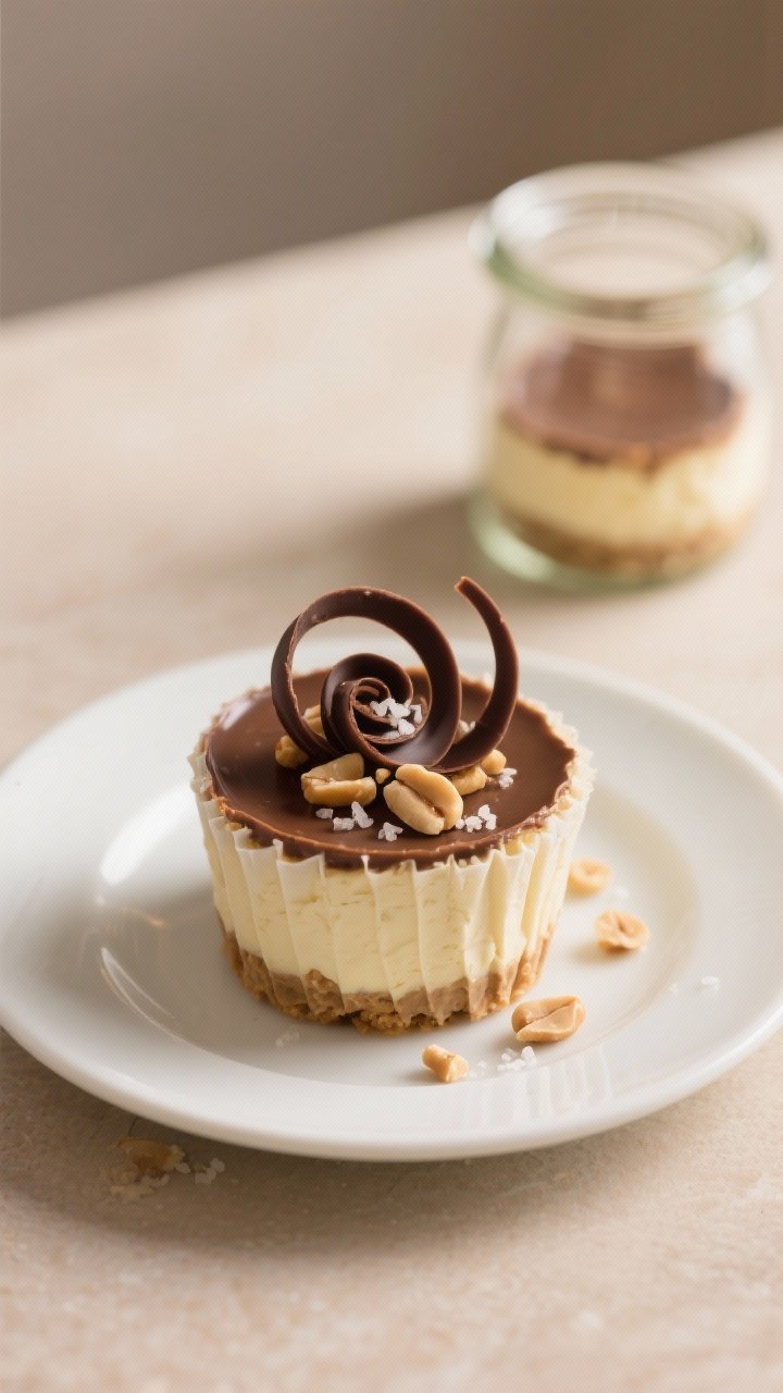 Final dish presentation: Elegant plated single-serve cheesecake cup removed from liner and set on a 