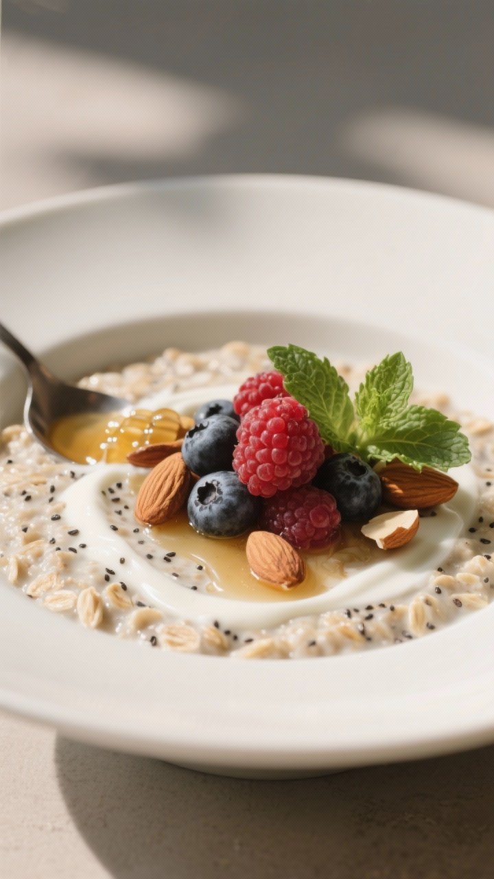 Final dish presentation, hero shot: Beautifully plated serving of overnight oats spooned into a low,