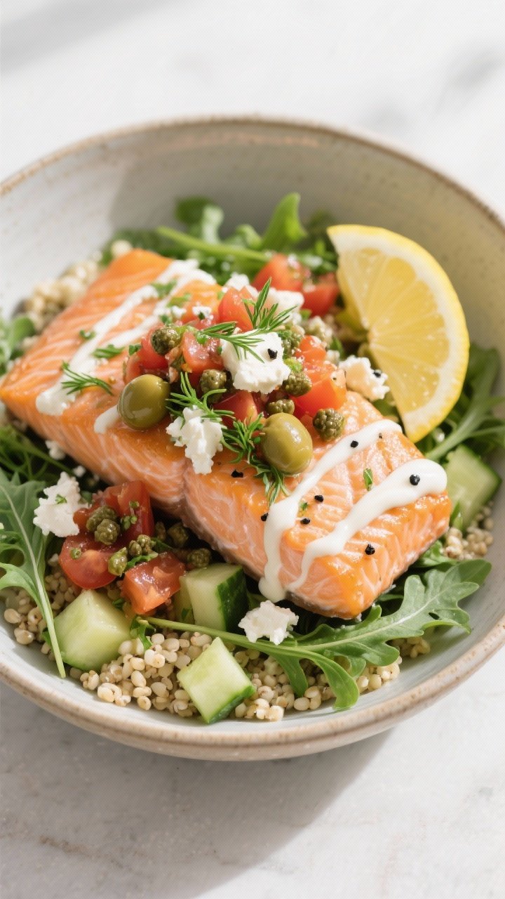 Final dish presentation: Mediterranean Salmon Bowl beautifully plated in a wide, shallow ceramic bow