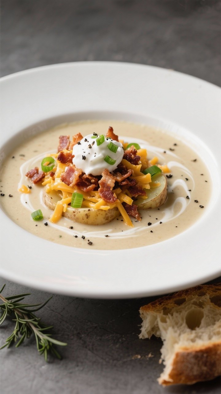 Final dish presentation: Restaurant-quality bowl of loaded baked potato–style finish—thick, crea