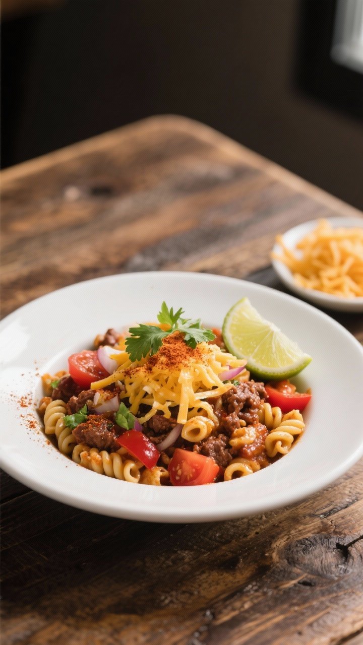 Final dish presentation: Restaurant-quality bowl of chili mac plated in a wide, shallow white bowl, 