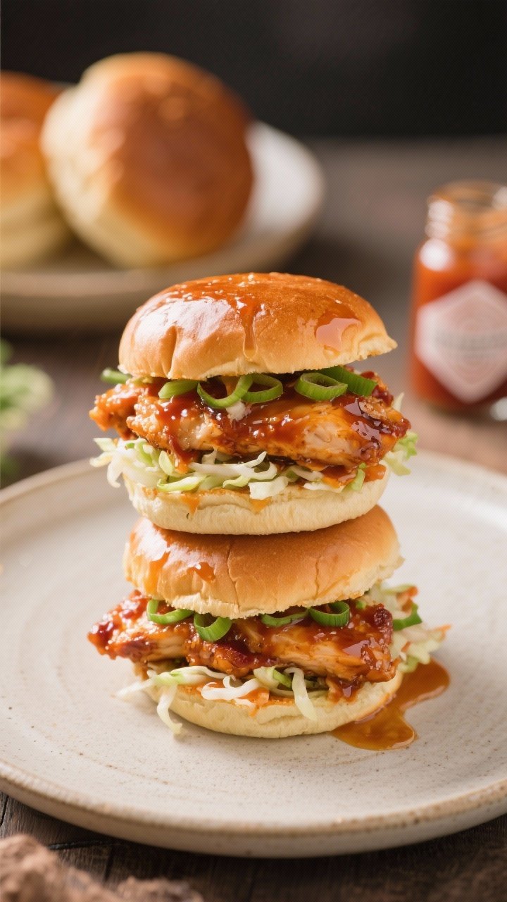 Final dish presentation: Restaurant-quality plate of 3 Sweet Chili Chicken Mini Sandwiches stacked s