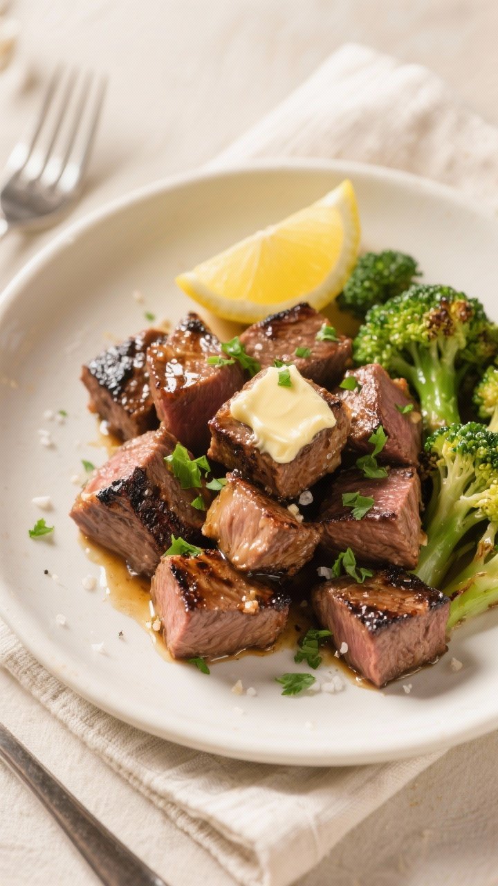 Final dish presentation: Restaurant-quality plate of Air Fryer Steak Bites with Butter and Garlic, p