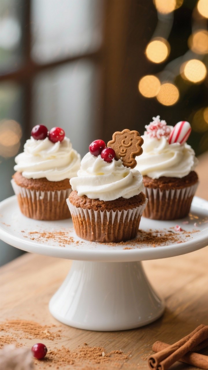 Final dish presentation: Restaurant-quality plate of three gingerbread spice cupcakes on a matte whi