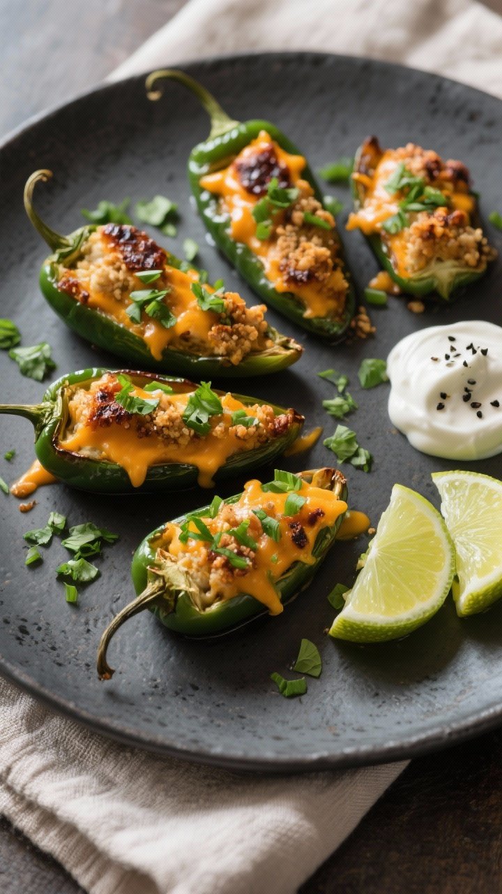 Final dish presentation: Restaurant-quality plated stuffed jalapeños on a matte charcoal platter, g