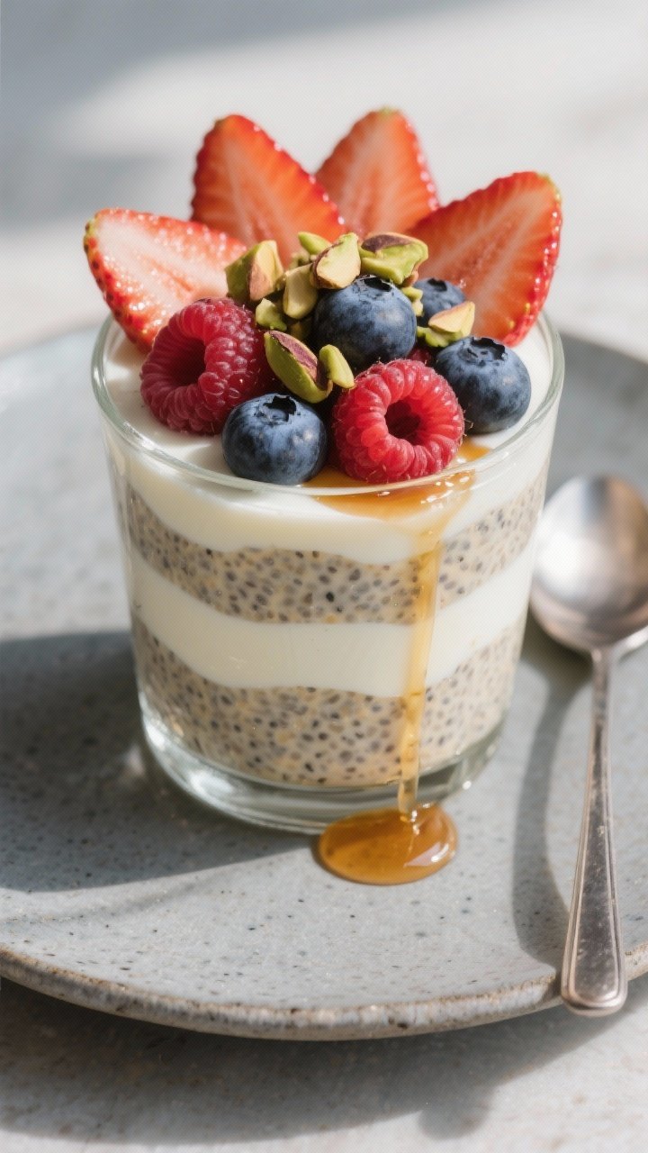 Final dish presentation: Restaurant-quality plated parfait-style layers—vanilla chia pudding alter