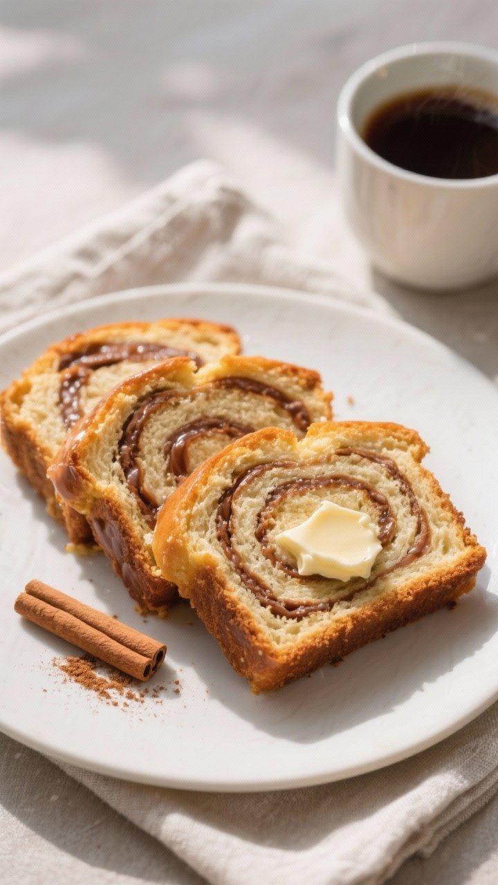 Final dish presentation: Restaurant-quality plated slices of the baked cinnamon swirl quick bread ar