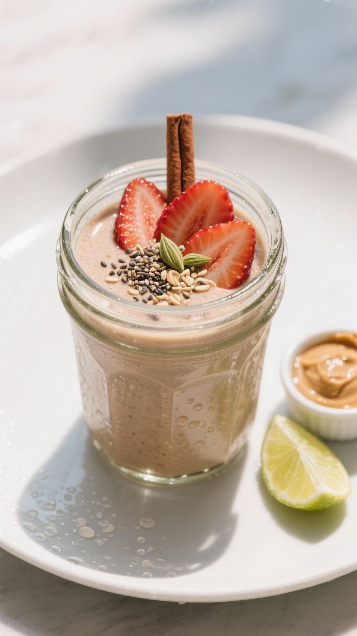 Final dish presentation: Restaurant-quality plated scene of the finished High-Fiber Oat Smoothie in