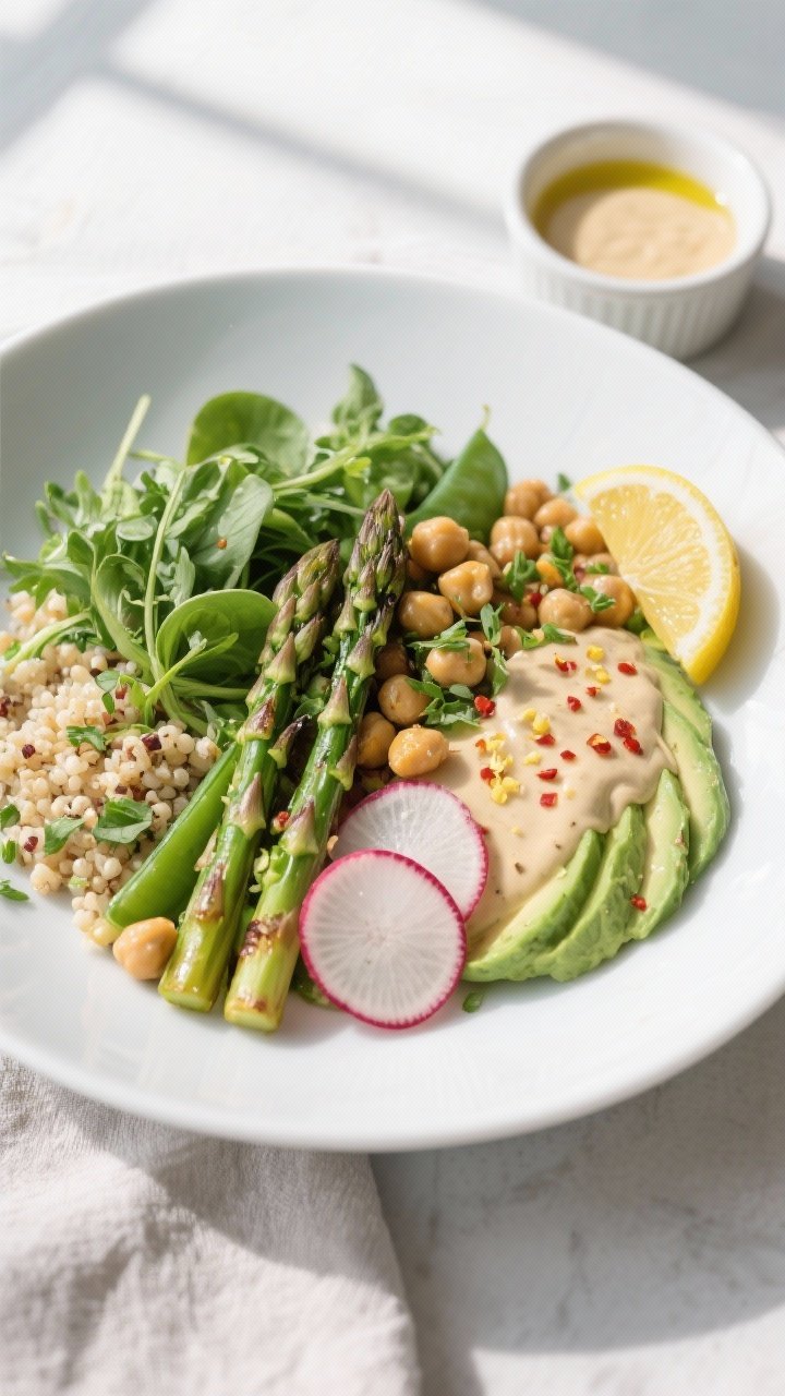 Final dish presentation: Restaurant-quality plated Spring Greens & Chickpea Bowl on a matte white pl