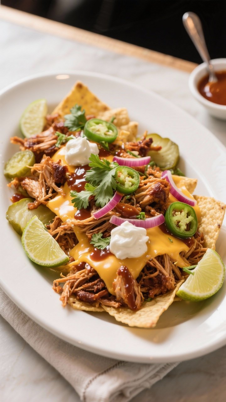 Final dish presentation: Restaurant-quality plated serving of Pulled BBQ Chicken Nachos in a shallow