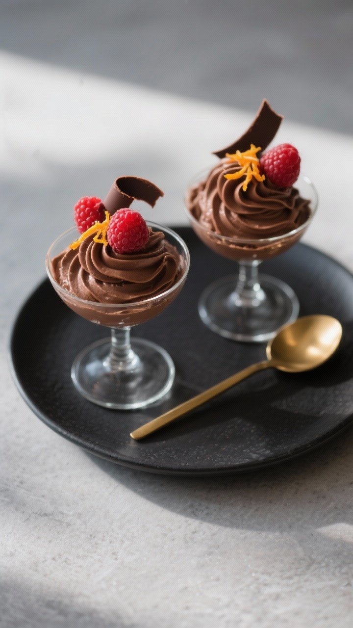 Final dish presentation: Restaurant-quality plated keto chocolate mousse served in two petite coupe 