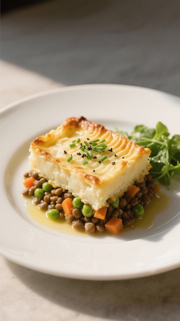 Final dish presentation: Restaurant-quality plated slice of lentil shepherd’s pie on a warm white